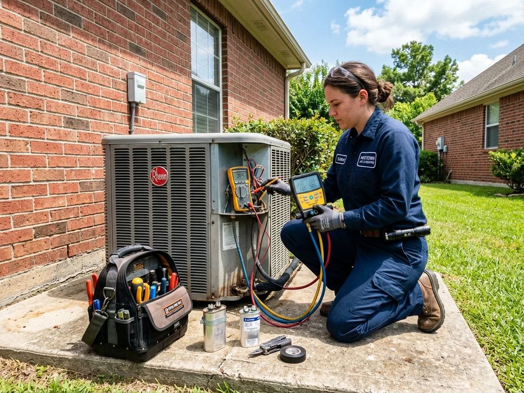 Houston emergency AC repair technician diagnosing outdoor condenser unit with digital manifold gauges