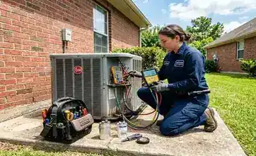 Houston AC technician testing outdoor condenser pressure
