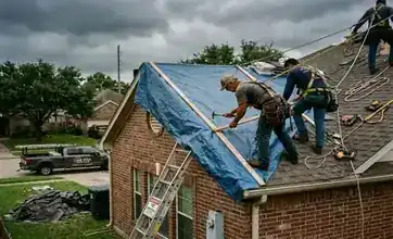Houston storm roof tarping crew securing waterproof poly