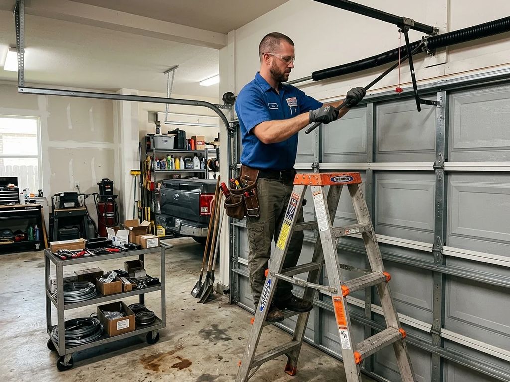 Houston emergency garage door technician installing high-cycle oil-tempered torsion springs