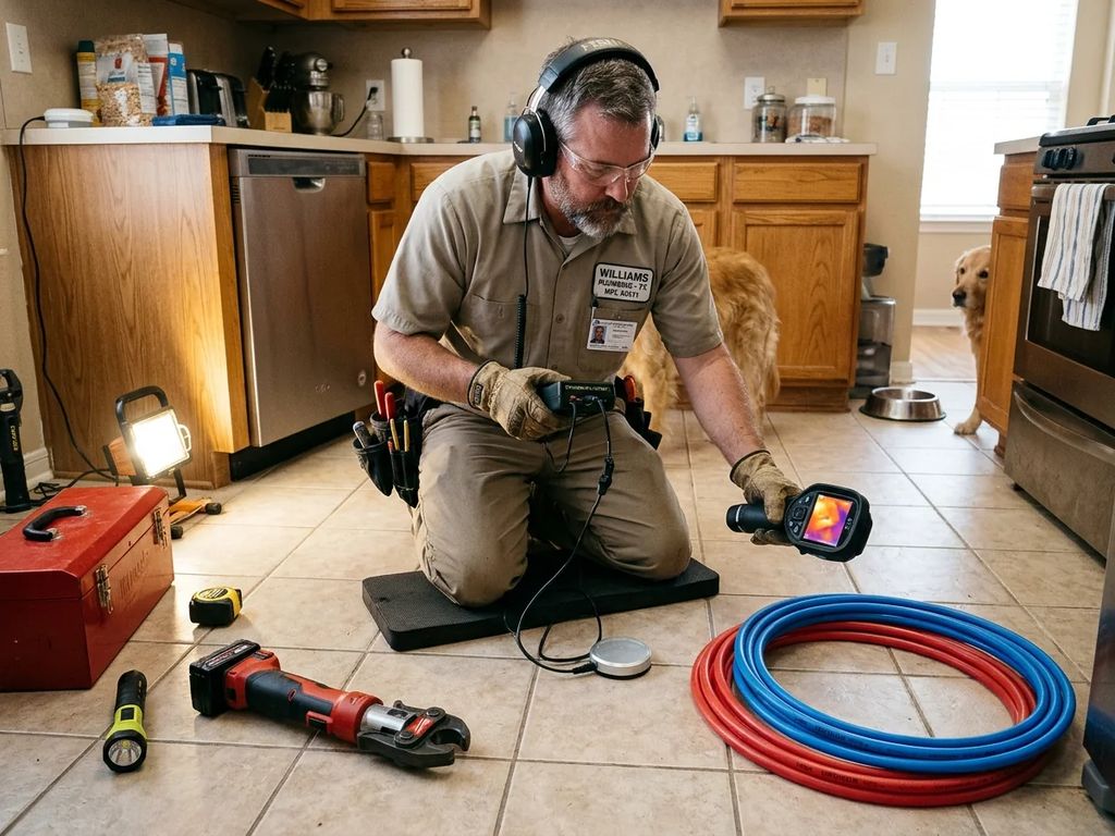 Master plumber conducting acoustic electronic slab leak detection in Houston home foundation